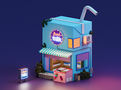 The Street Shop series: Dairy store 2022 3d 3d illustration blender branding dairy store design fresh milk ice cream ice cream icecream illustration milk milk shop straw