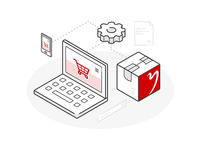 E-Commerce computer gear icon illustration isometric laptop package red sketch