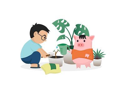 Weekend afternoon couple daily life illustration piggy planting