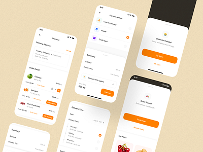 Checkout-process screens for food ordering app app app design application checkout checkout process concept design design inspiration flat design process screen ui