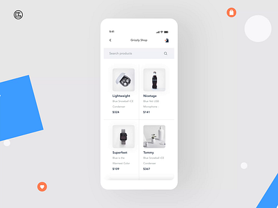 E-commerce Design | Grizzly Mobile App Ui KIt adroid ui kit animated mockup animation article design color select dark mode details page ecommerce app glassmorphism ios ui kit iphone mockup list motion options product details shopping app ui kit ux design xd ui kit