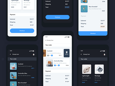 Checkout Design | Grizzly Mobile App Ui KIt adroid ui kit animation article design cart dark mode ecommerce ecommerce app free ui kit glassmorphism grid ios ui kit iphone mockup motion payment app shopping shopping app slide swipper ui kit xd ui kit