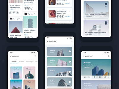 E-commerce Feed Ideas | Grizzly Mobile App Ui KIt adroid ui kit animated mockup animation article design dark mode ecommerce feed free ui kit glassmorphism ios ui kit iphone mockup list motion product design shopping app social media app ui kit ux design xd ui kit