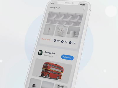 Feed Design | Grizzly Mobile App Ui KIt 3d animated mockup animation article details blog dark mode feed free ui kit glassmorphism ios ui kit iphone mockup london london bus motion posts list product page red ui kit