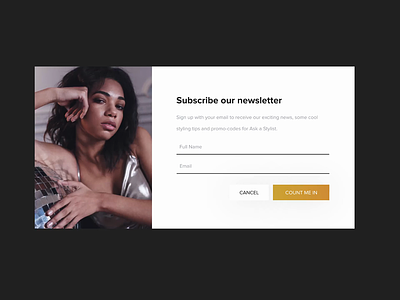 Subscribe our Newsletter animation ask a stylist button dark ui design ecommerce free ui kit fustany george samuel illustration input interaction landing page logo modal newsletter overlay popup subscribe our newsletter