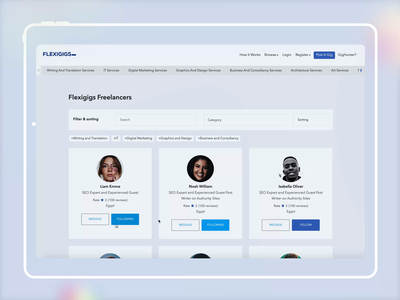 Flexigigs - Freelancing Platform Website 3d animation blue branding dark ui design development ecommerce free ui kit freelance george samuel graphic design illustration interaction landing page logo motion graphics ui upwork website