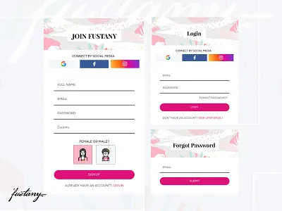 Fustany Fashion and Lifestyle Website - Login - Rgister 3d animation branding dark ui design ecommerce free ui kit fustany.com george samuel graphic design illustration interaction landing page login logo motion graphics register ui
