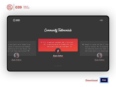 Testimonials | Daily UI challenge - Day 039/100 animation daily ui daily ui 039 dark ui ecommerce free psd free ui kit freebies george samuel hero section interaction interaction design landing page testimonials trendy user experience user interface ux web design