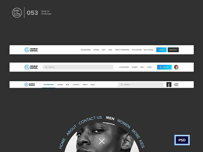 Header Navigation | Daily UI challenge - 053/100 animation burger menu daily ui daily ui 053 dark ui ecommerce free psd free ui kit freebies george samuel header navigation hero section interaction interaction design landing page menu navbar user experience user interface ux