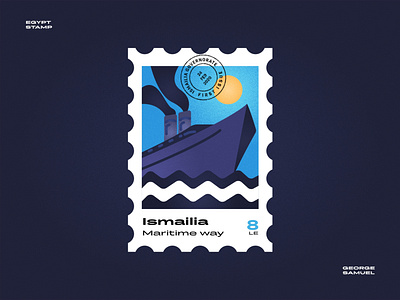 Ismailia Stamp illustration ancient egptians boat flat illustration george samuel illustration landmark animation noise pharaoh postage stamp ship smoke stamp sun