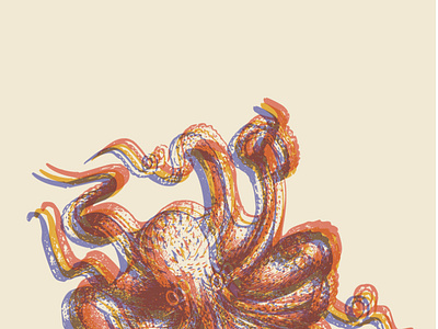 Kraken animal art print brick red coral illustration mustard yellow ocean octopus offset overlapping overlay periwinkle screenprint sea creature transparency vintage illustration