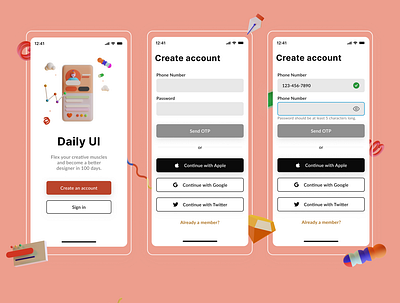 Daily UI Mobile - Daily UI Challenge 001 app dailyuichallenge design figma illustration mobile signup typography ui visual