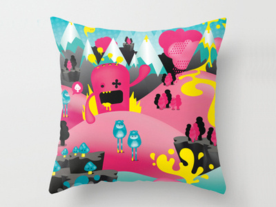 Illustration pillow illustration landscape magenta monsters pillow vector world