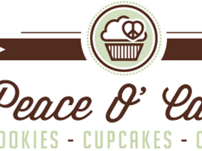 Peace O' Cake brown cupcake green logo peace