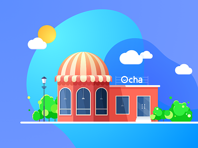 Ocha Shop Illustration app art banner blue color graphic illustartor illustration art red sticker ui website