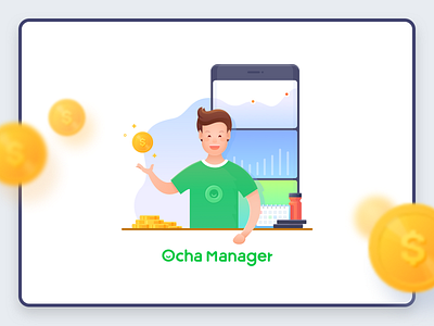Ocha Manager illustration app graphic green guy illustration manager phone resturant splashpage ui