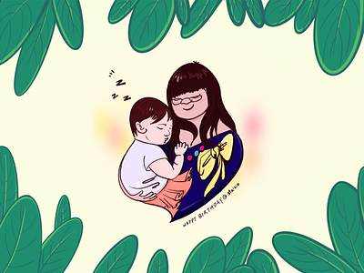 Mom and daughter portrait birthday daugter drawing illustration leaves love mom moment peaceful procreate