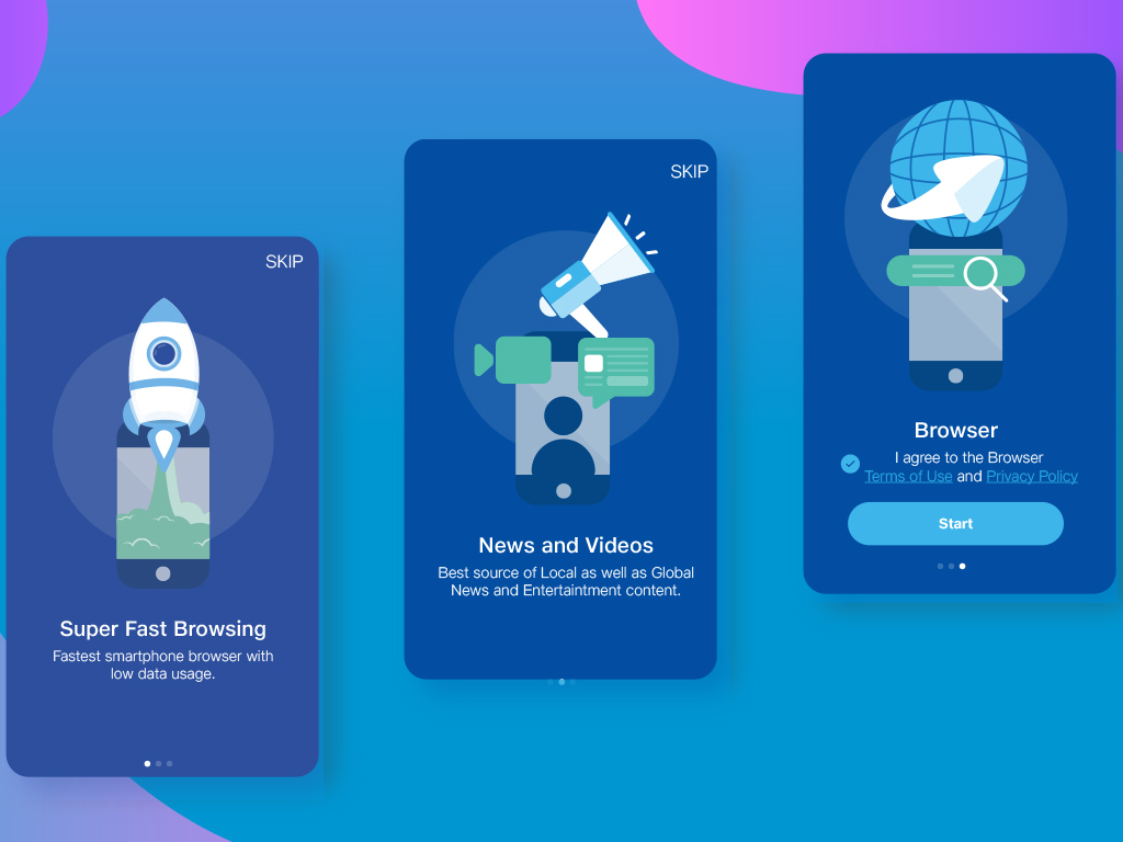 App Onboarding app onboarding blue and white browser design flat design illustration rocket launch ui video and chat