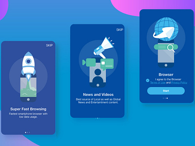 App Onboarding app onboarding blue and white browser design flat design illustration rocket launch ui video and chat