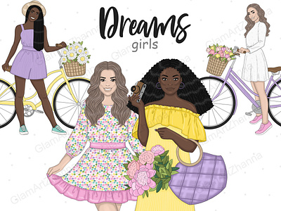 Dreams Bright Girls Clipart america girl party digital graphics fashion woman png fashionable clipart hand drawn clipart party clipart pastel stickers planner clipart planner girls rainbow clipart spring images spring kit wreath clipart