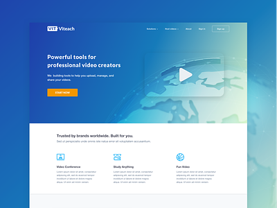 Video Hosting abstract art blue gradient color homepage design hosting icons iu design landing page one page site play sketch app ux design video video background web world