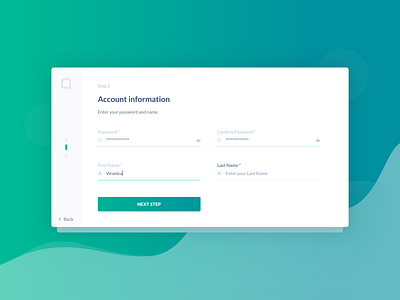 Sign up, step №2 account gradient green information inputs password settings sign up steps uidesign uxdesign webdesign wizzard