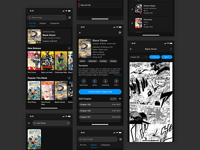 Bacanga - Manga/Comic Read Mobile App📖 anime app application beautiful blue book clean comic dark design iphone manga minimalist mobile mode read ui ux web