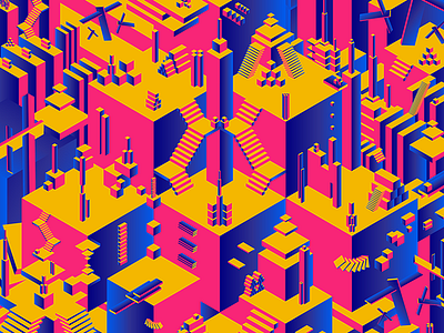 SXSW 2015 Branding blocks branding buildings geometric geometry illusion illustration psychedelic stairs support towers vimeo
