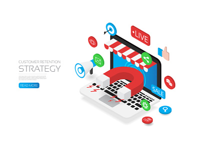 Customer retention strategy advertising business computer computers connection flat icon internet isometric like magnet online marketing promotion seo share shopping strategy target technology