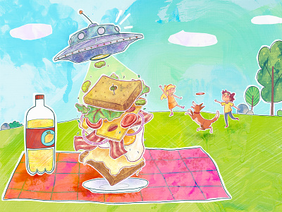 Beam me up, Stottie. alien digital art food illustration photoshop picture book pun scene texture ufo wacom