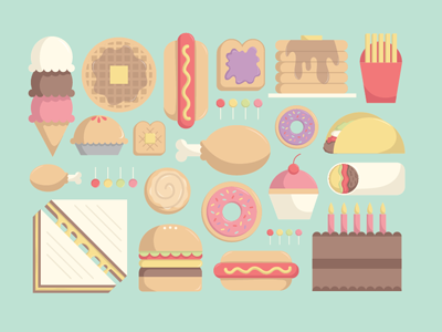 Comfort Food Icons burrito cake chicken comfort food donut food fries grilled cheese hamburger hot dog ice cream icons illustration lollipop pancakes pie taco toast vector