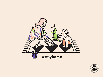 Stay Home Mother and Child with Dino character design family flat home illustration kid line art motherhood stayhome vector illustration