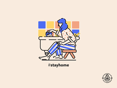 Stay Home Mother Bathing Her Toddler Baby character design flat illustration kids line art vector illustration