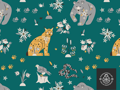 Pattern for Kindels Store animal character bear eagle flowers lynx paw print seamless snake snowdrop surface pattern textile