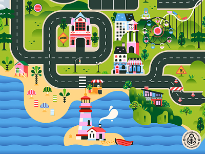 Junilane Road Play Mat fragment beach buildings fire station icon design illustration art landscape lighthouse play mat road rug sea toy tree