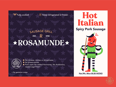 Rosamunde Hot Italian Sausage Label brand identity character flat illustration label design packaging pattern typography vector illustration