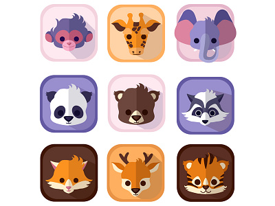 Set of super cute animals bear character deer elephant flat fox giraffe icon monkey panda raccoon tiger