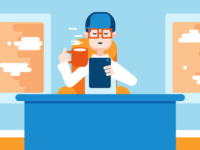 Teacher is drinking coffee with tablet character design flat illustration