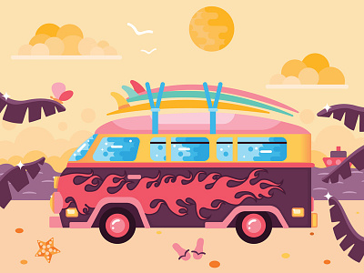 Surfing Van beach car flat illustration ocean palm sea surf board surfing van vector