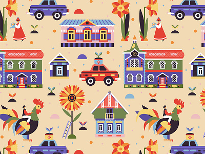 Russian Village Pattern for Gabo and Mateo Designs fabric design nature russian village seamless pattern summer surface pattern textile vector art