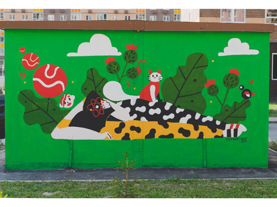 A Girl and a Cat Wall Mural cat flat girl graffiti mural nature street art wall art