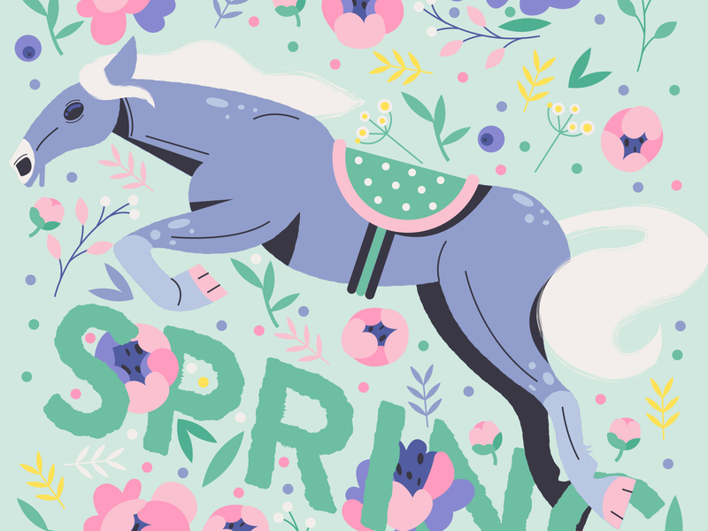 Spring Horse art print character design horse illustraiton nature peony pink purple rose spring