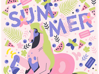 Summer Horse art print character design horse illustraiton nature peony pink purple rose summer watermelon