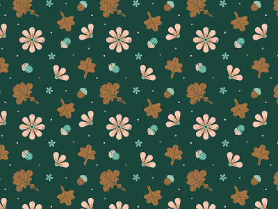 Forest treasures pattern autumn flower forest golden green leaf pink print surface pattern design