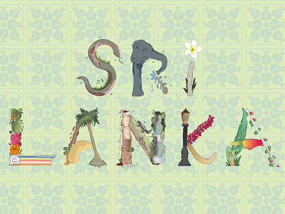 SRI LANKA Typography chipmunks elephants flag flowers illustration lamppost palm tree snake sri lanka typography waterfall