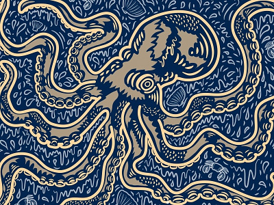 The Golden Octopus in the Deep Blue colour design illustration line drawing ocean octopus sea sealife shells sketch