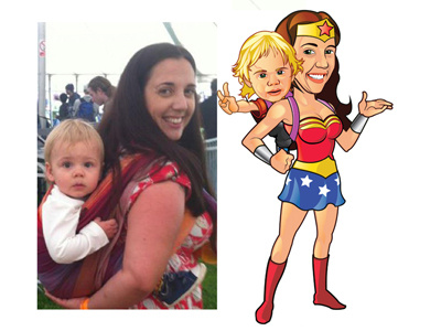 Wonderwoman Kerry baby business mascot caricature cartoon family human mascot superhero website mascot