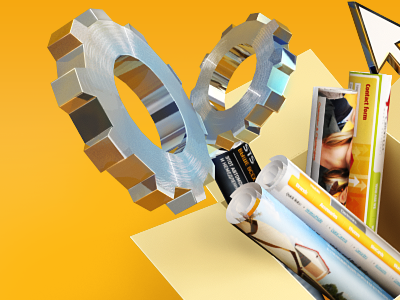 gears 3d digital web design yellow