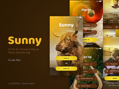 Sunny UI Kit for Personal Blog & Photo Sharing Mobile App mobile ui kit personal blog ui kit photo sharing app ui kit photography sunny