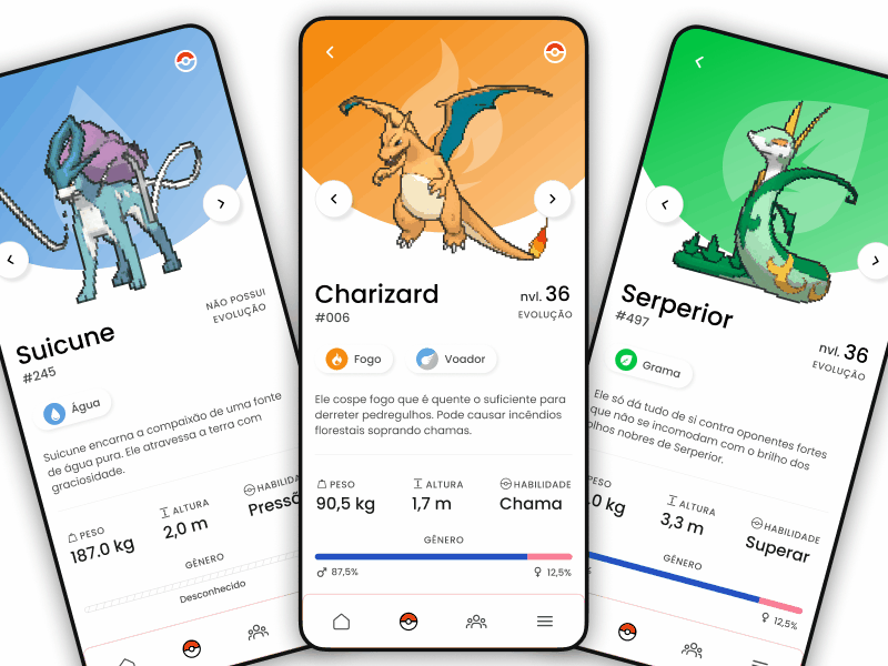 Pokedex / Pokemon App animation app charizard daily dailyui illustration pokedex pokemon pokemon app serperior smogon suicune ui uiux ux